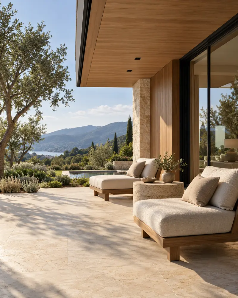 Lichtdurchflutete Terrasse eines Ferienhauses mit weitem Blick